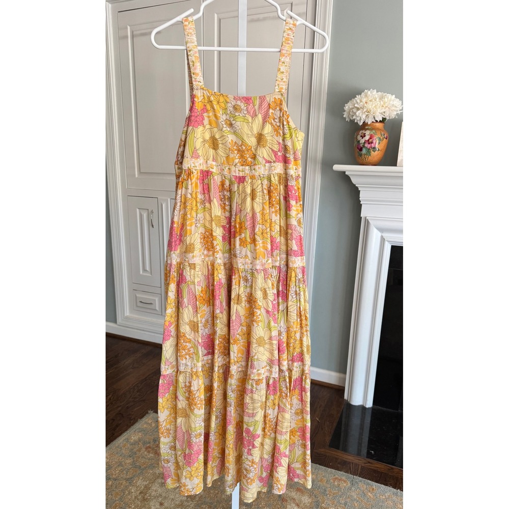 American Eagle Floral Tiered Maxi Dress Yellow Pink Retro Boho Sun Dress XS - Picture 2 of 8